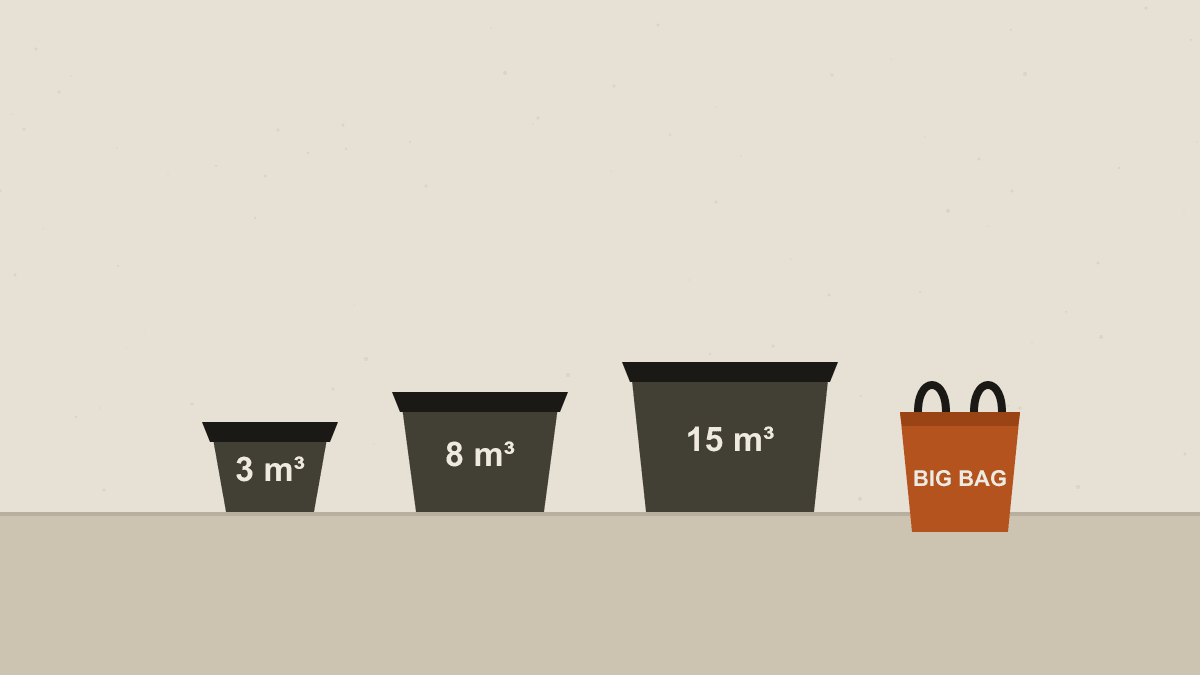 Trois bennes de volumes croissants et un big bag de gravats de chantier