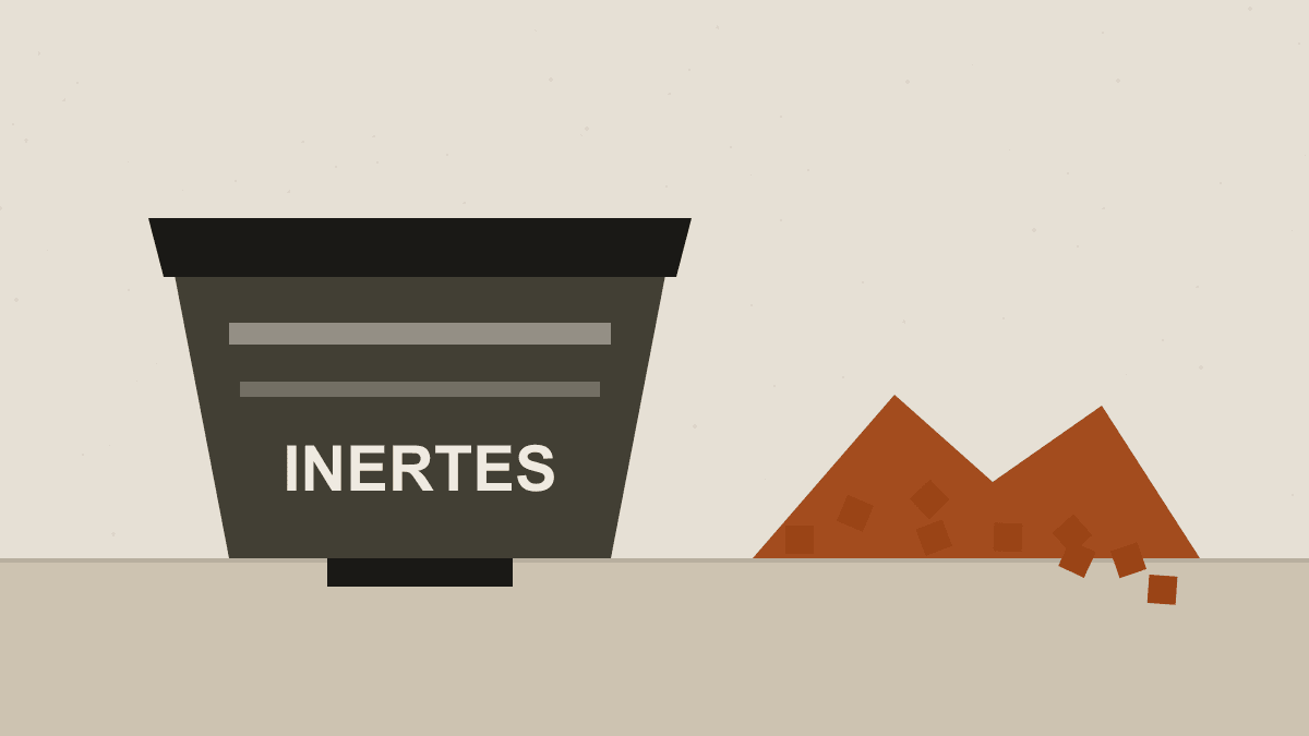 Benne d'inertes marquée et tas de gravats de démolition